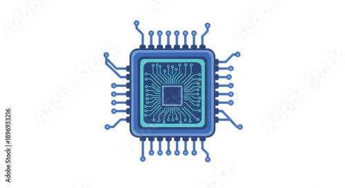 Blue Microchip Processor Illustration Isolated on White Background