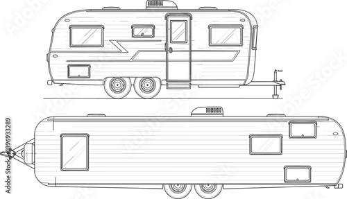 Vintage Retro Travel Trailer Blueprint Illustration Set featuring Side and Top View Technical Line Art for Camping Adventure Graphic Design and RV Lifestyle Projects.