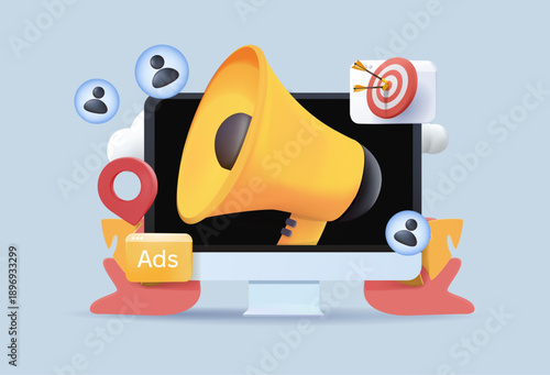 Digital marketing strategy 3D render vector illustration with megaphone, audience targeting, content promotion and online advertising. Digital marketing strategy, social media campaign elements