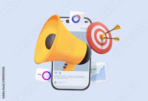 Social media marketing 3D vector concept with megaphone, heart icon, dashboard analytics and engagement metrics. Social media marketing content promotion tools for smm performance tracking. Vector