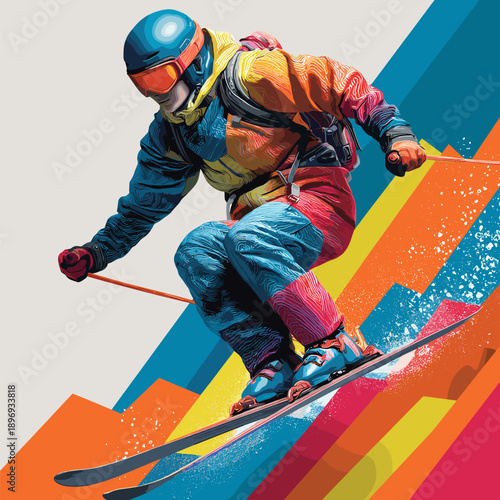 Alpine skiing graphic art effect poster. Alpine skiing dynamic multicolor graphic wallpaper or banner