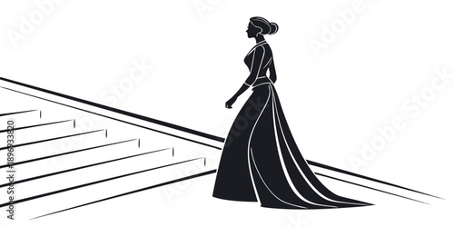 Woman in elegant dress walking down stairs, illustration art