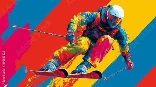 Alpine skiing graphic art effect poster. Alpine skiing dynamic multicolor graphic wallpaper or banner