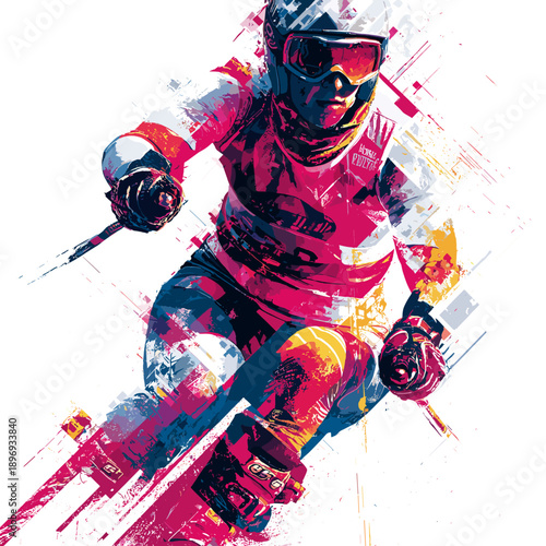 Alpine skiing graphic art effect poster. Alpine skiing dynamic multicolor graphic wallpaper or banner