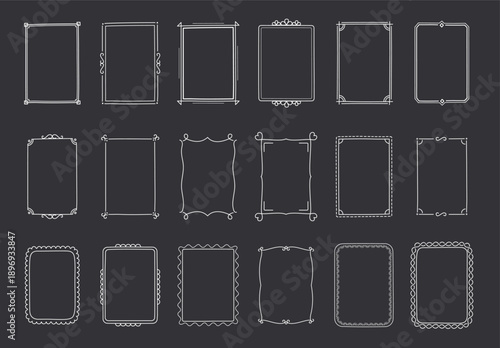 Collection of different decorative frame borders in black line art style on dark background