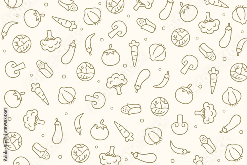 Detailed outlined vegetable seamless pattern featuring broccoli, carrot, eggplant, chili, mushroom, lettuce, and assorted produce on a light cream background. Perfect for organic food branding.