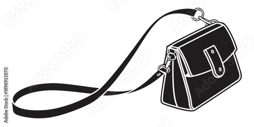 A simple black and white illustration of a shoulder bag with a long strap viewed from the side