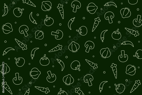 Fresh outlined vegetable seamless pattern with carrots, garlic, mushrooms, tomatoes, chili, and mixed produce on a deep green background. Great for eco packaging, farmers market visuals and food blogs