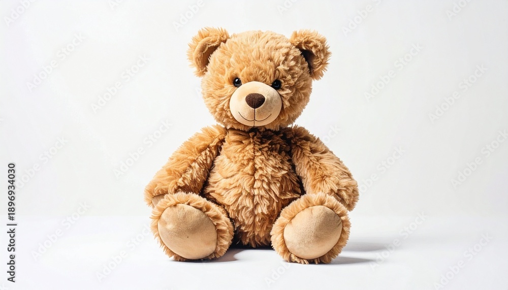 Obraz premium “Soft plush teddy bear on white background, styled for childhood branding.”