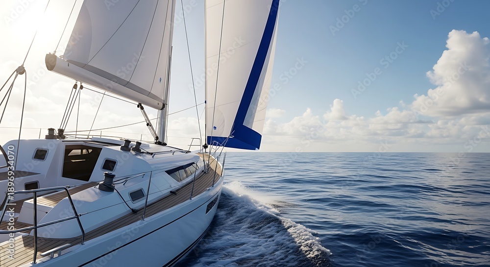 Obraz premium Sailing yacht sailing across ocean waves under sunny blue sky with white clouds