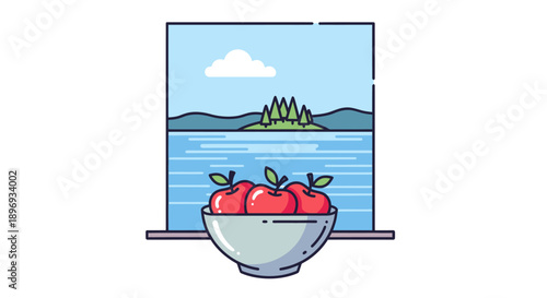 Bowl of ripe red apples on a windowsill with a scenic view.