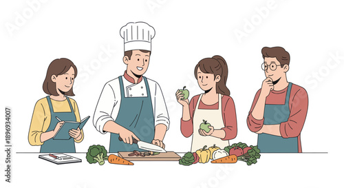 Professional chef teaching cooking class with students preparing fresh vegetables.