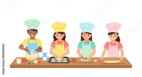Children Cooking Together: Diverse Group in Chef Hats Preparing Food.