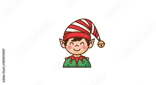 Smiling Cartoon Elf with Striped Hat and Green Outfit.
