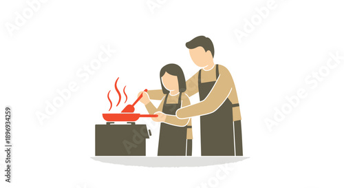 Adult and child cooking together stirring food in a red pan on a stove illustration.