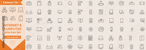 Internet and Computer icons set. Includes laptop, desktop, network, cloud, WIFI, coding, data, email, browser, and storage. Editable stroke. Line icons. Perfect for infographics, apps and web hosting.