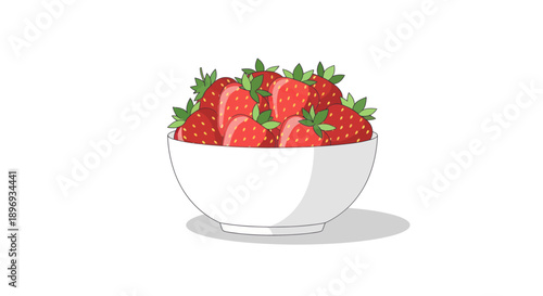 A white bowl overflowing with ripe red strawberries and green leaves.