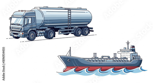 Tanker truck and cargo ship illustration for transport and logistics.