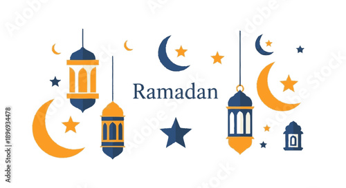 Ramadan Lanterns and Crescent Moon Illustration.