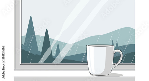 A white mug sits on a windowsill overlooking a serene mountain landscape.