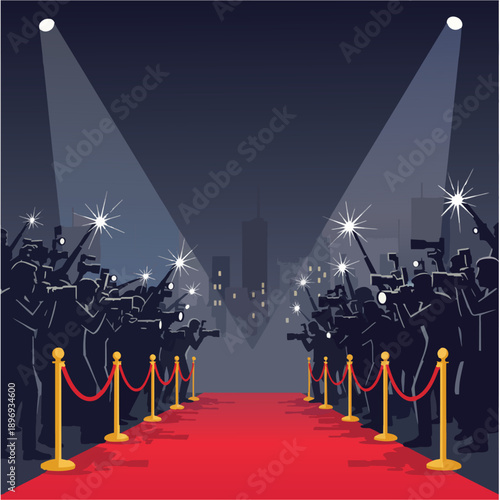 Silhouette of a crowd of photographers and paparazzi with camera flashes at a red carpet event at night with city skyline background.