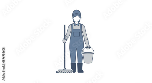 Cleaning Lady with Mop and Bucket Ready for Housework.