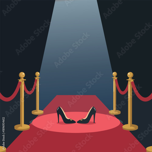 Elegant black high heels standing alone on a red carpet under a bright spotlight with velvet ropes, symbolizing fame and celebrity fashion.