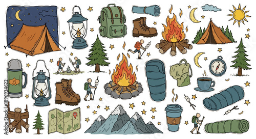Outdoor Camping and Hiking Gear Collection Illustration.