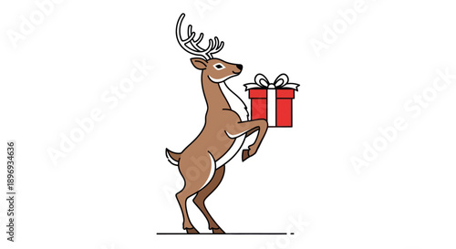 Festive Reindeer Holding a Christmas Gift Box with Red Ribbon.