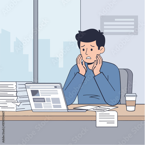 Stressed and overwhelmed man sitting at a desk with piles of paperwork and a laptop, looking anxious and worried.