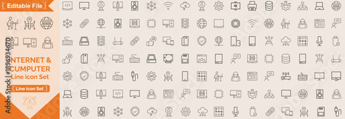 Internet and Computer icons set. Includes laptop, desktop, network, cloud, WIFI, coding, data, email, browser, and storage. Editable stroke. Line icons. Perfect for infographics, apps and web hosting.