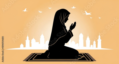 Silhouette of a Muslim woman praying on a rug.