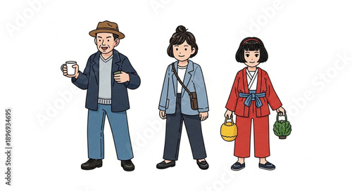 Three people in traditional clothing holding items.