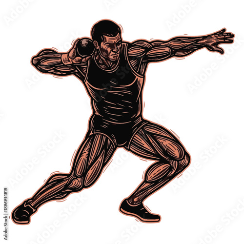 Athletic shot put thrower in full action pose, powerful muscular male athlete in a competition during track and field event