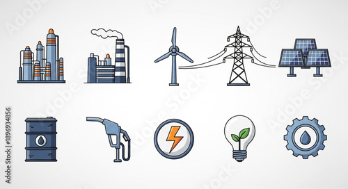 Set of energy and industry icons including factories and renewable sources.