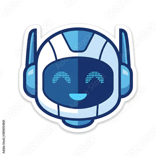 Cute blue robot head sticker with smiling digital eyes, futuristic AI chatbot mascot vector illustration