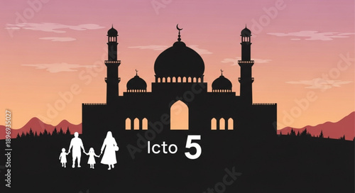 Silhouette of a Muslim family walking towards a mosque at sunset.