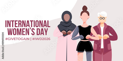 International Women's Day. Give to Gain Campaign 2026. Group of women of different ethnicity, age, body type, hair color vector illustration in flat style.