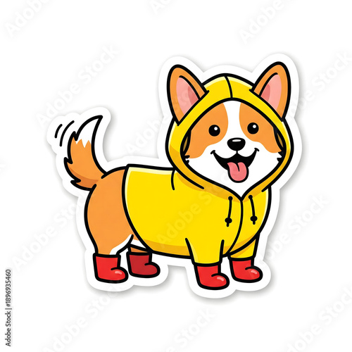 Cute cartoon Corgi dog sticker wearing a yellow raincoat and red boots, vector style illustration