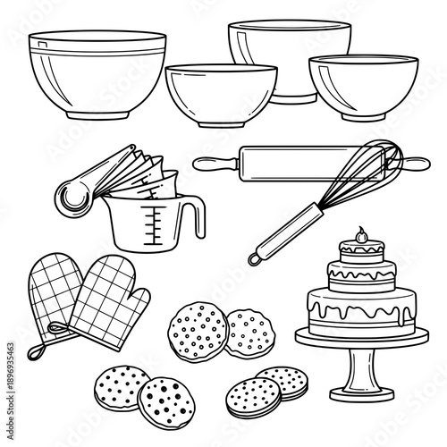 Black baking line art vector set with kitchen tools and pastries on white background