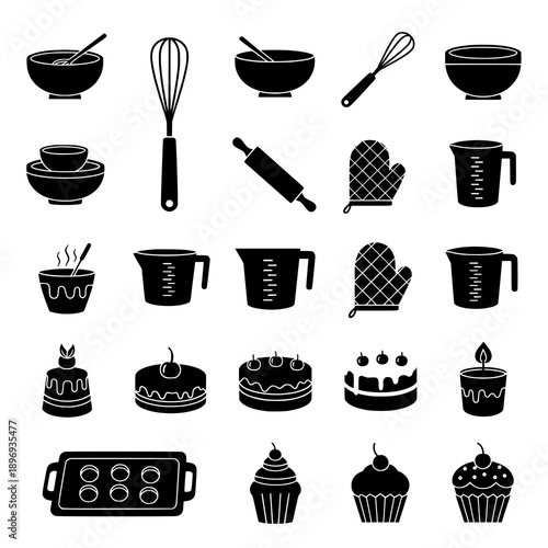 Flat black baking icon vector set for kitchen tools and pastries on white background