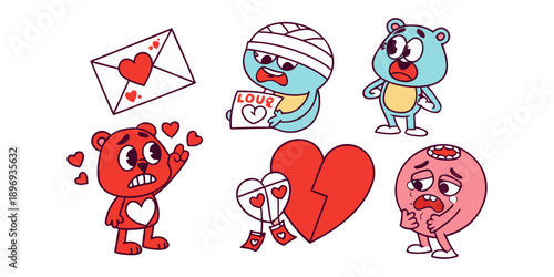 Cute Injured Bear and Heart Characters with Love Letter.