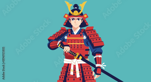 Illustration of a Samurai Warrior in Traditional Armor Holding a Sword.
