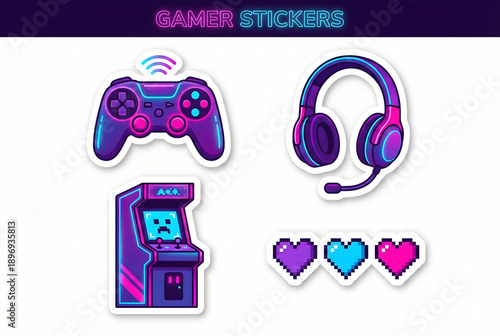 Neon gamer sticker set featuring controller, headset, arcade machine, and pixel hearts, cyberpunk vector illustration