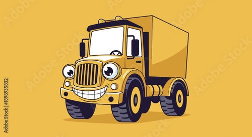Cartoon Yellow Truck with Smiling Face on Yellow Background.