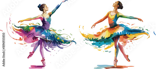 Colorful ballet dancers illustration expressing grace movement creativity modern art performance elegance motion abstract watercolor style contemporary dance design concept