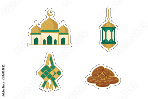 Islamic holiday sticker set featuring mosque, hanging lantern, ketupat, and dates, flat vector illustration for Ramadan and Eid