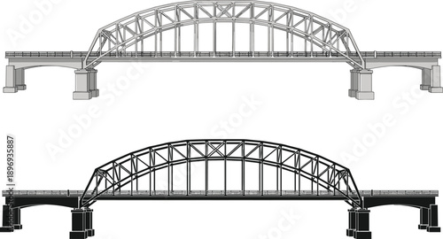 Two detailed architectural illustrations of a modern steel truss arch bridge design featuring a light gray technical line drawing and a black silhouette icon