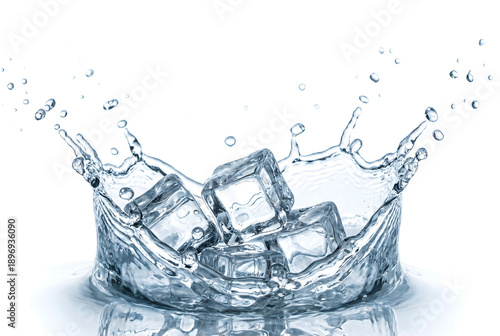 Clear ice cubes dropping into water splash with droplets, refreshing blue liquid isolated on white background, realistic style