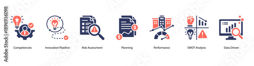 Data Driven Strategy web banner vector illustration featuring Competencies, Innovation Pipeline, Risk Assessment, Planning, Performance, SWOT Analysis, and Data Driven.